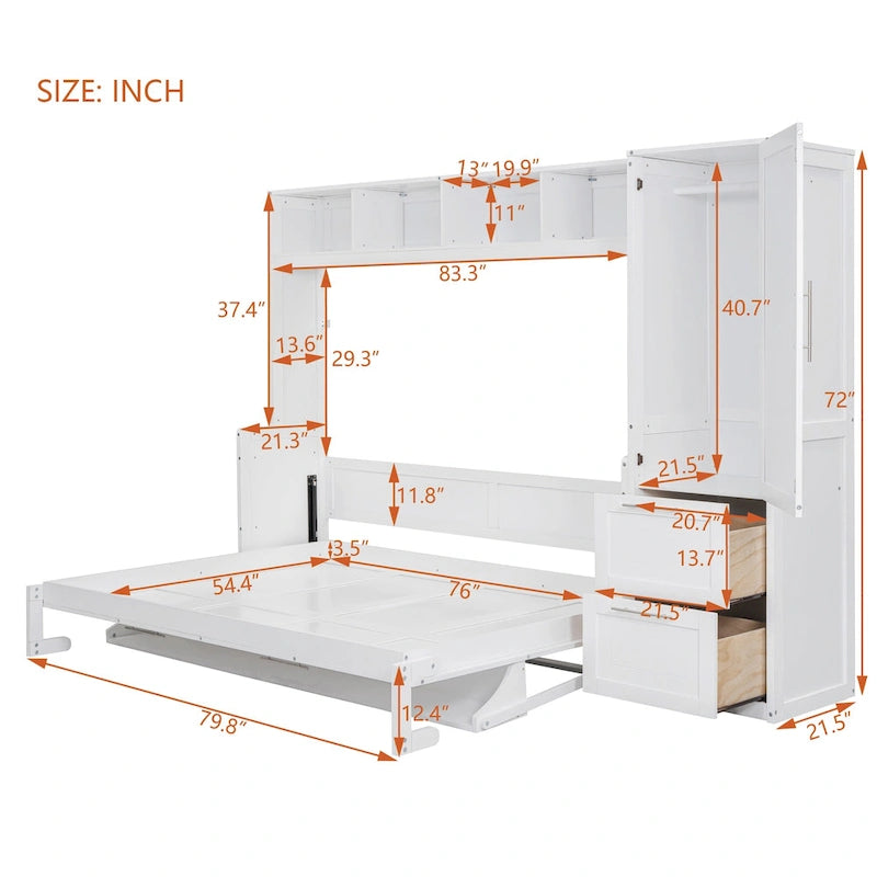 Full/Queen Smart Murphy Bed with Wardrobe & Storage, Space-Saving System