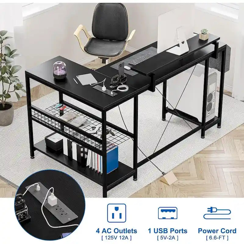 Scrivania angolare a L con prese di corrente e illuminazione a LED
