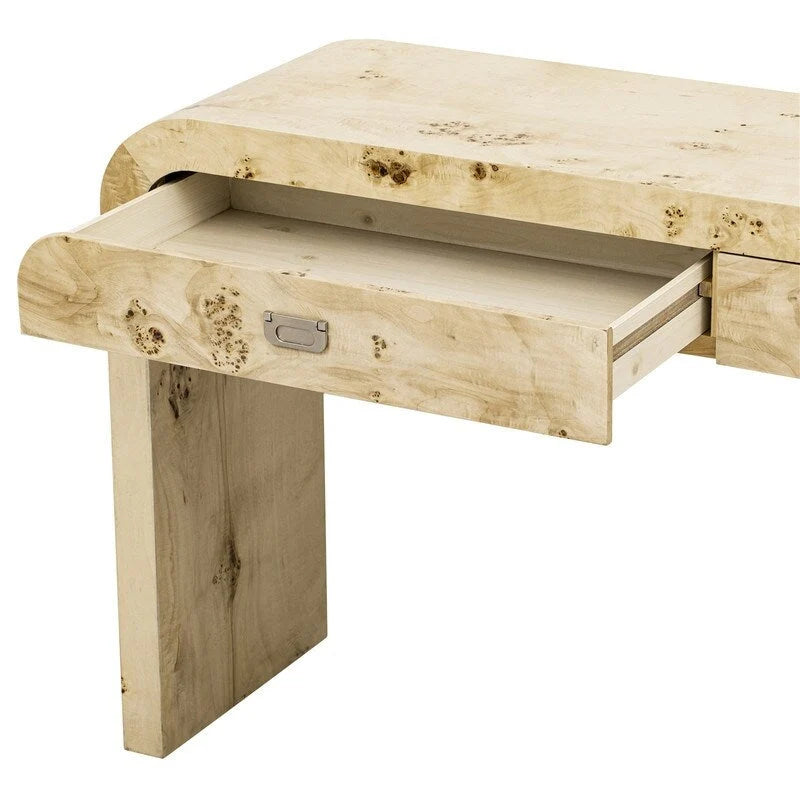 Consolle con piano impiallacciato in radica e base a due gambe