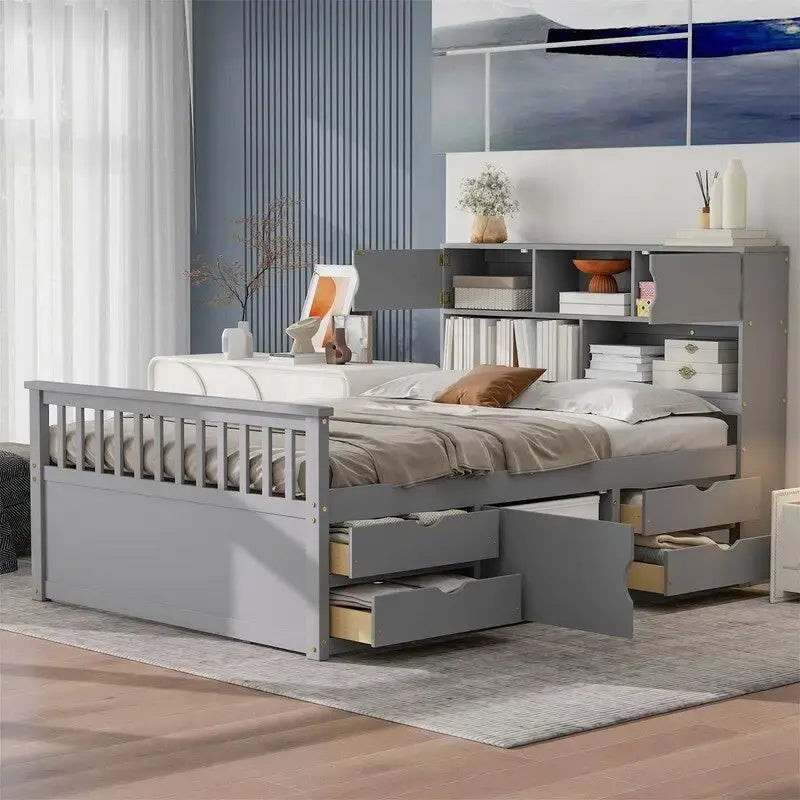 Letto a piattaforma singolo/matrimoniale con 4 cassetti e testiera con libreria