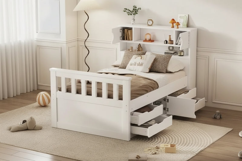 Twin/Full Size Captain Platform Bed with 4 Drawers and Storage Bookcase Headboard, Solid Wood Bed Frame with Storage Shelves