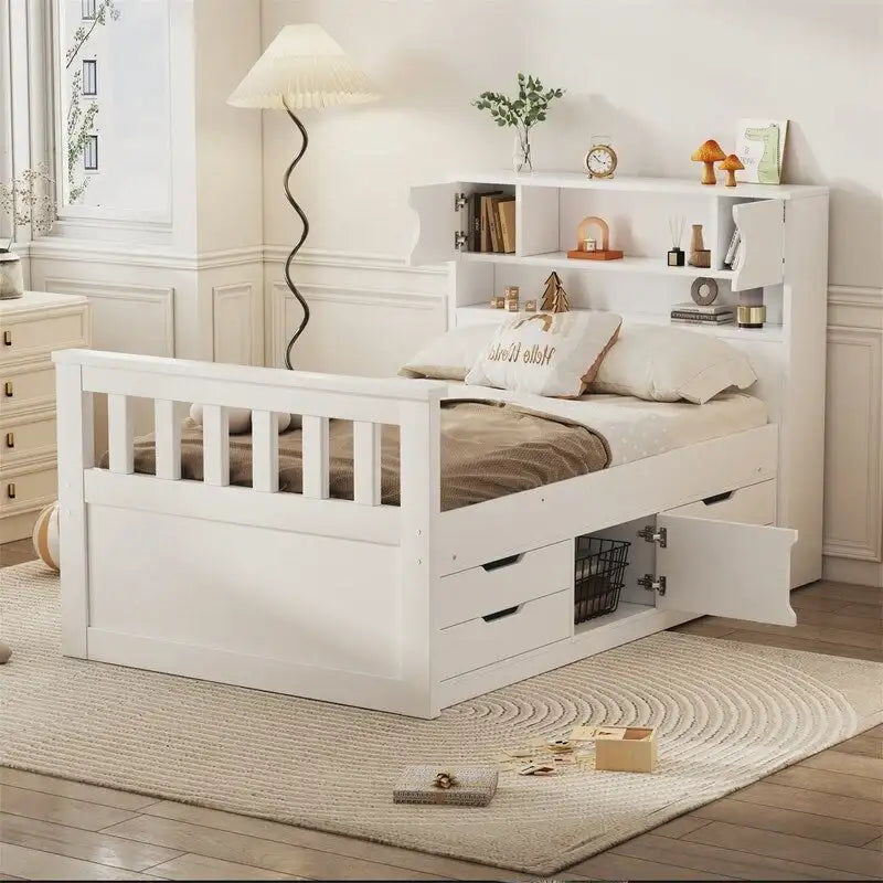 Letto a piattaforma singolo/matrimoniale con 4 cassetti e testiera con libreria
