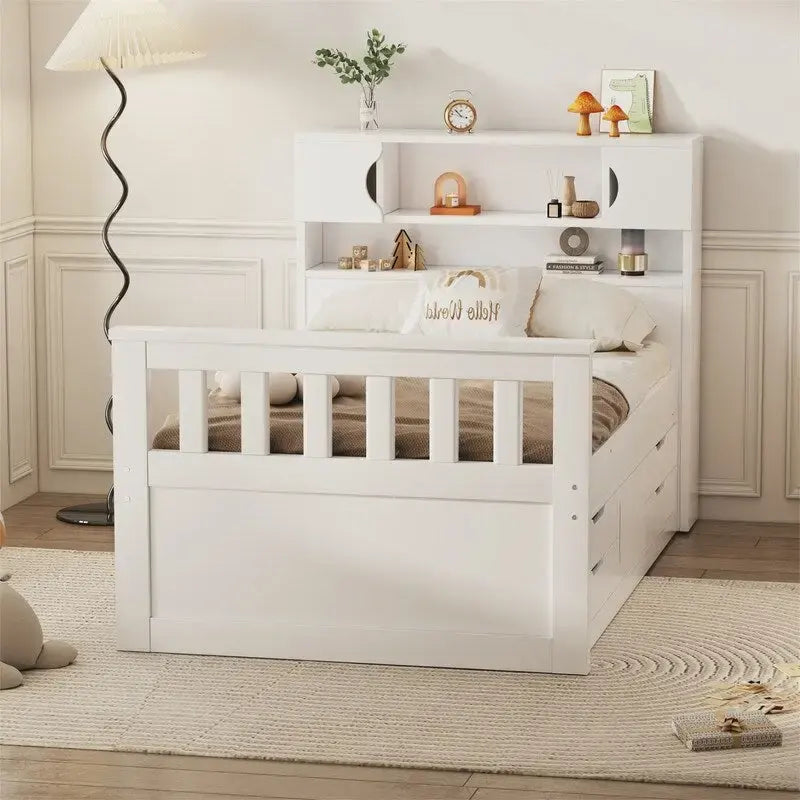 Letto a piattaforma singolo/matrimoniale con 4 cassetti e testiera con libreria