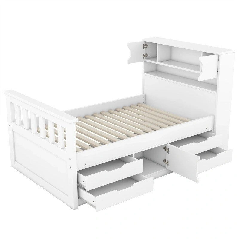 Letto a piattaforma singolo/matrimoniale con 4 cassetti e testiera con libreria