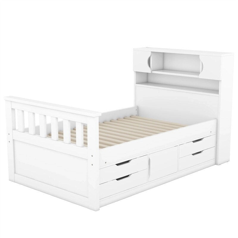 Letto a piattaforma singolo/matrimoniale con 4 cassetti e testiera con libreria