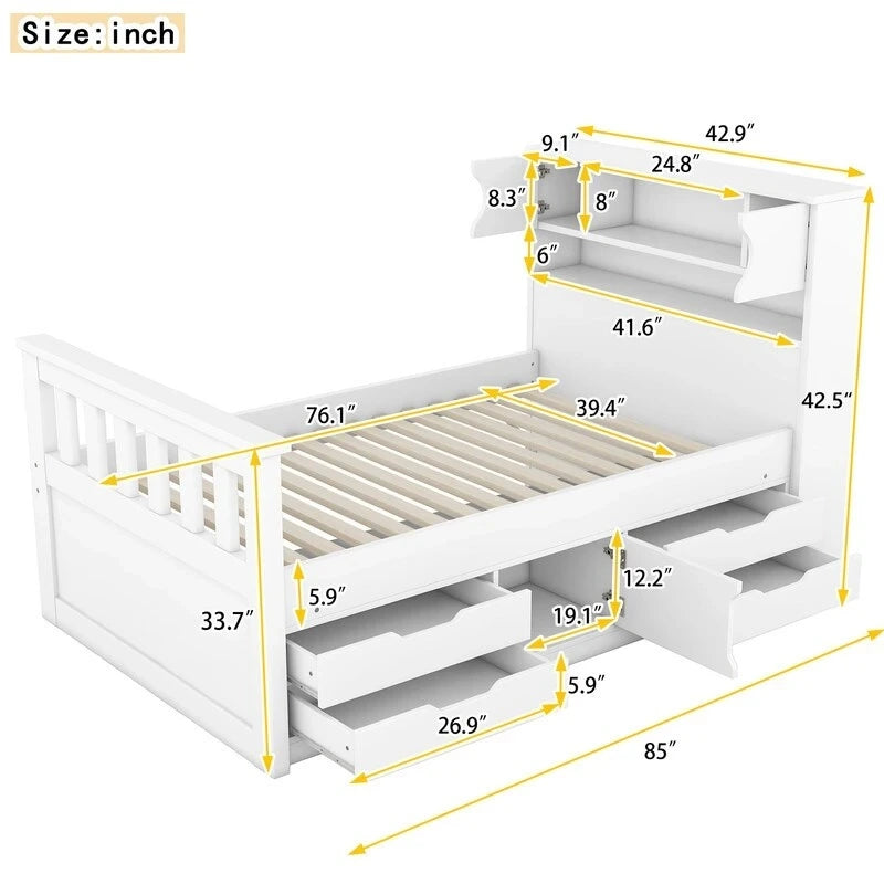 Letto a piattaforma singolo/matrimoniale con 4 cassetti e testiera con libreria