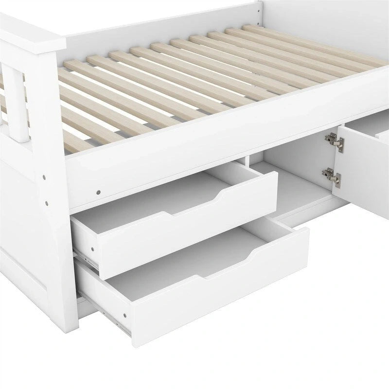 Letto a piattaforma singolo/matrimoniale con 4 cassetti e testiera con libreria