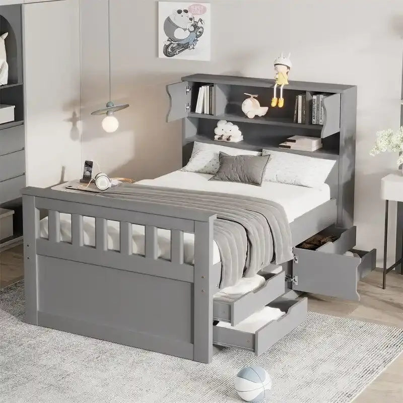 Letto a piattaforma singolo/matrimoniale con 4 cassetti e testiera con libreria
