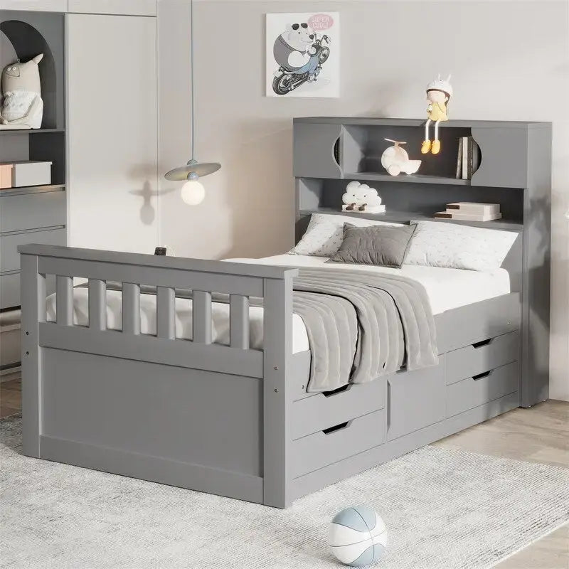 Letto a piattaforma singolo/matrimoniale con 4 cassetti e testiera con libreria