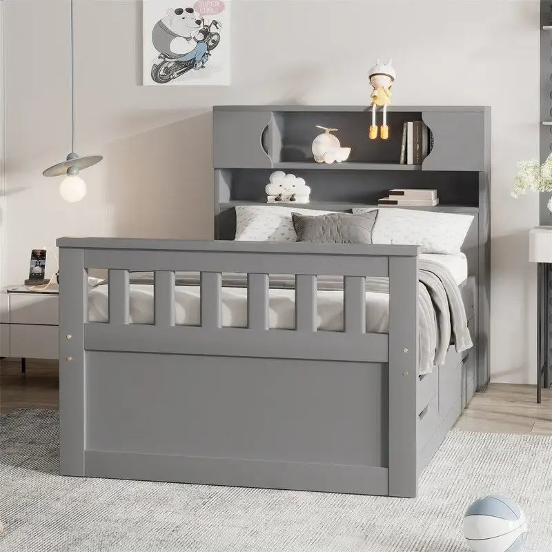 Letto a piattaforma singolo/matrimoniale con 4 cassetti e testiera con libreria