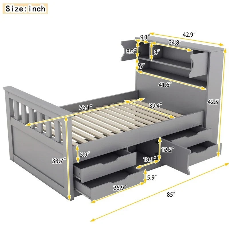 Letto a piattaforma singolo/matrimoniale con 4 cassetti e testiera con libreria