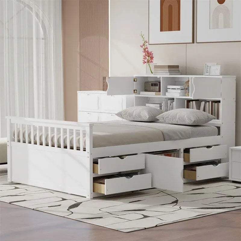 Letto a piattaforma singolo/matrimoniale con 4 cassetti e testiera con libreria