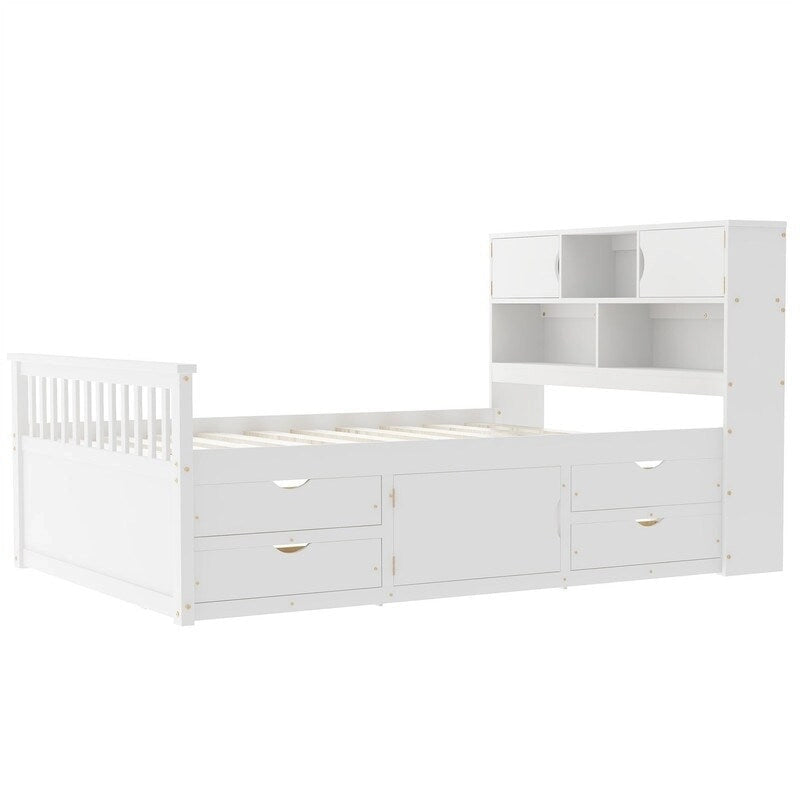 Letto a piattaforma singolo/matrimoniale con 4 cassetti e testiera con libreria
