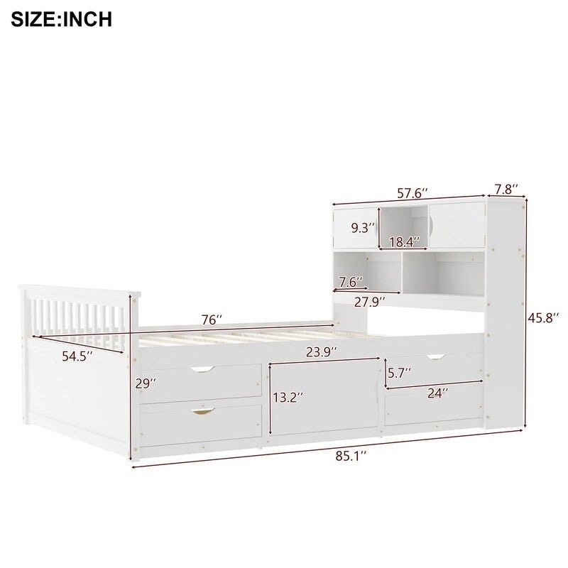 Letto a piattaforma singolo/matrimoniale con 4 cassetti e testiera con libreria