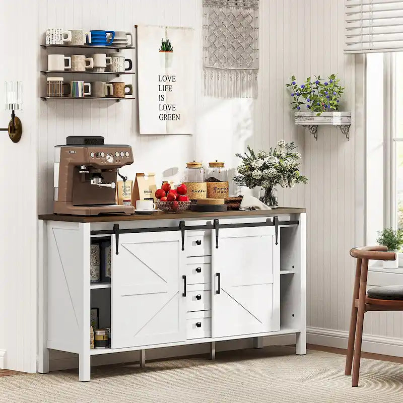 Credenza Buffet da 59 Pollici con Ante Scorrevoli a Stile Fienile e Ripiani Regolabili