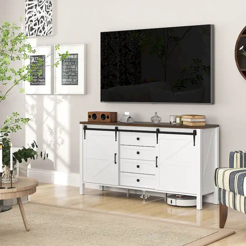 Credenza Buffet da 59 Pollici con Ante Scorrevoli a Stile Fienile e Ripiani Regolabili