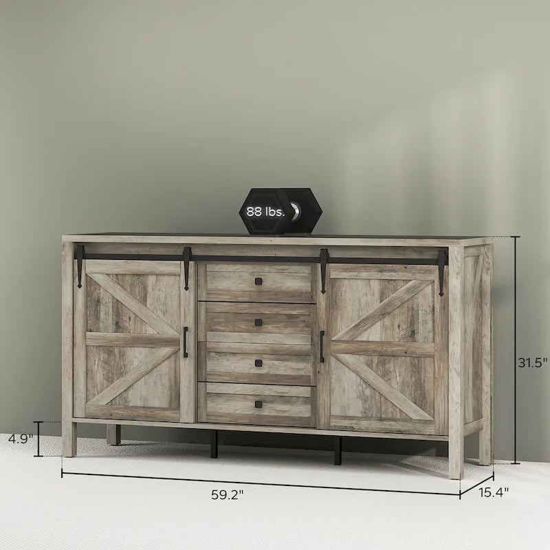 Credenza Buffet da 59 Pollici con Ante Scorrevoli a Stile Fienile e Ripiani Regolabili