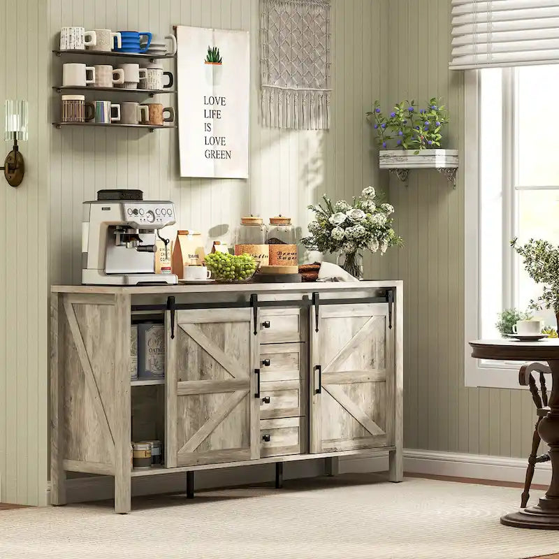 Credenza Buffet da 59 Pollici con Ante Scorrevoli a Stile Fienile e Ripiani Regolabili