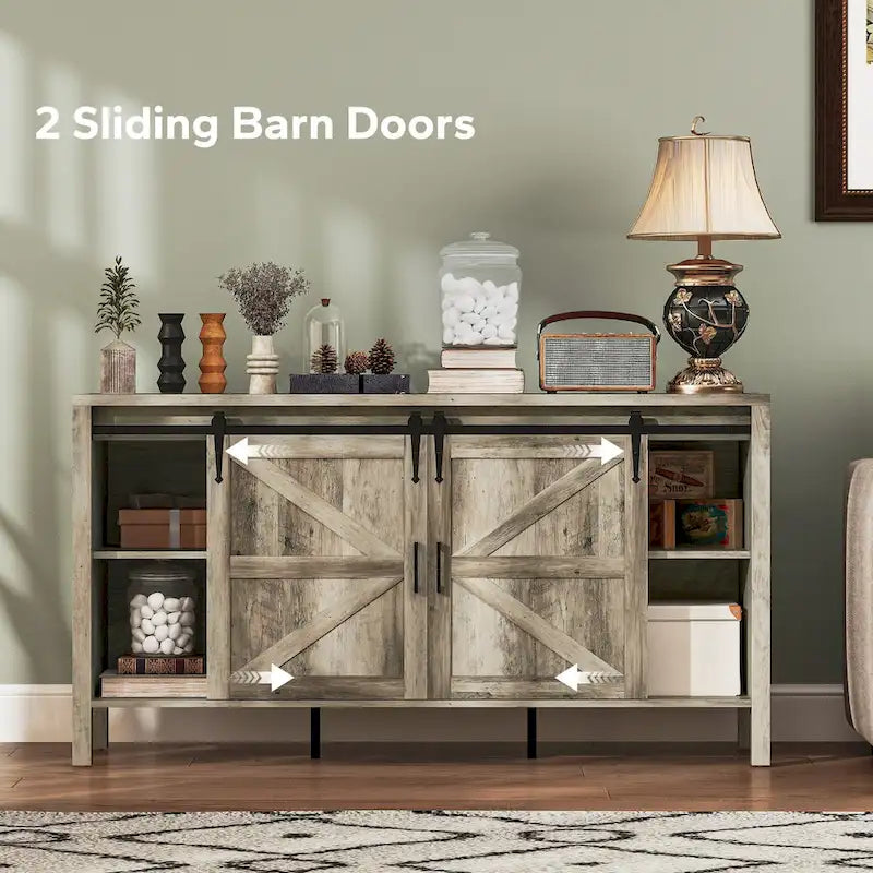 Credenza Buffet da 59 Pollici con Ante Scorrevoli a Stile Fienile e Ripiani Regolabili