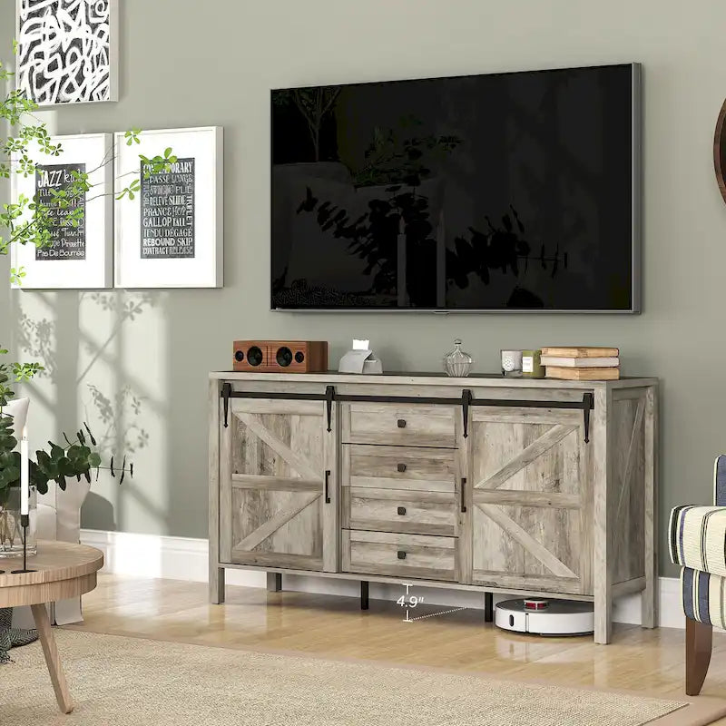 Credenza Buffet da 59 Pollici con Ante Scorrevoli a Stile Fienile e Ripiani Regolabili