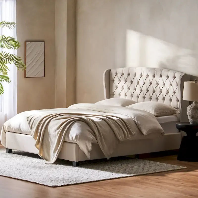 Struttura letto imbottita queen size con testiera in tessuto