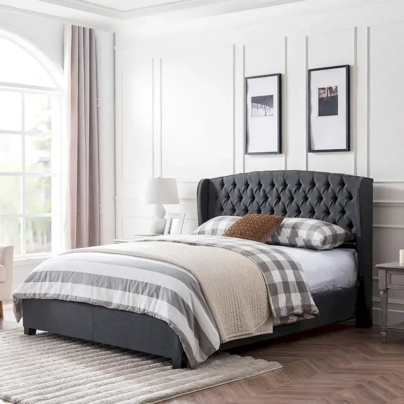 Struttura letto imbottita queen size con testiera in tessuto
