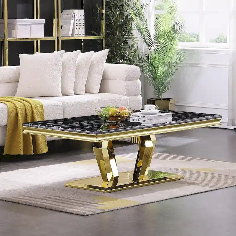 Tavolino Rettangolare da 122 cm con Piano Effetto Marmo e Base in Metallo