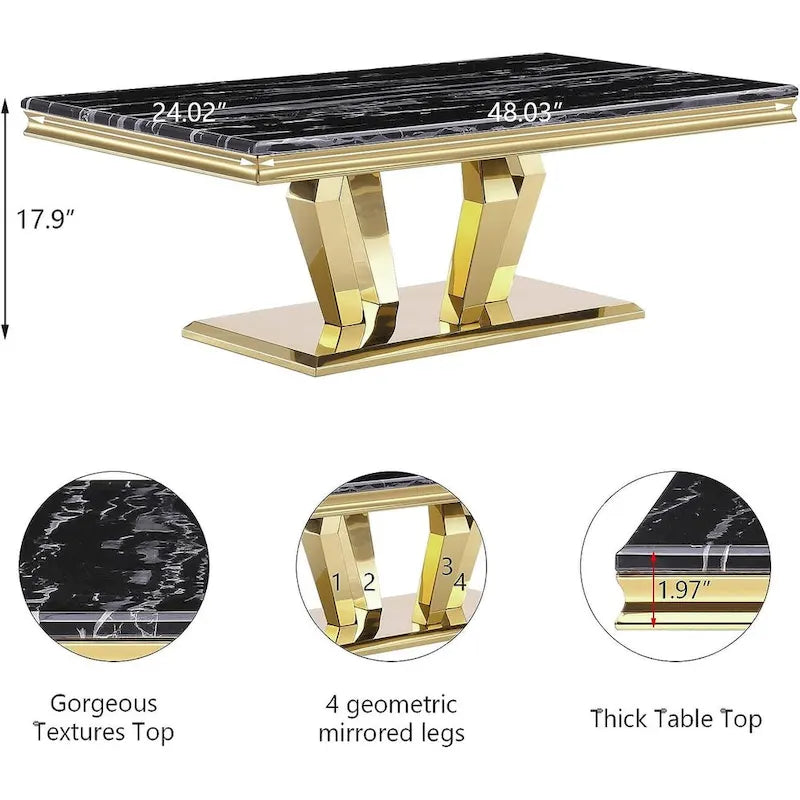 Tavolino Rettangolare da 122 cm con Piano Effetto Marmo e Base in Metallo