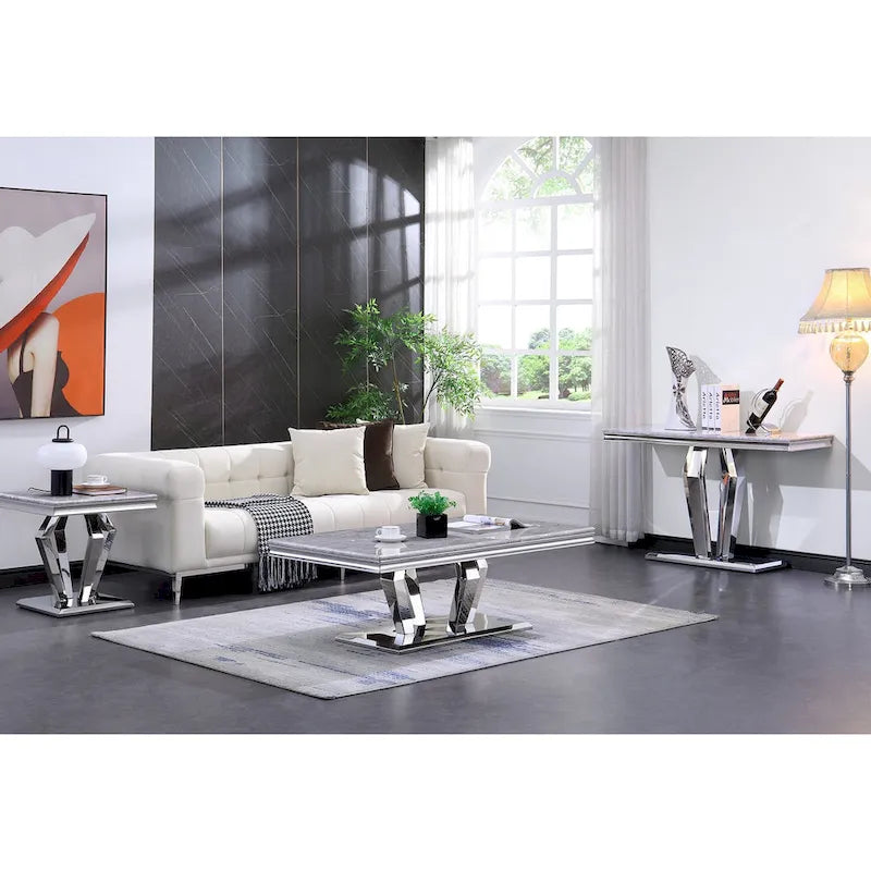 Tavolino Rettangolare da 122 cm con Piano Effetto Marmo e Base in Metallo