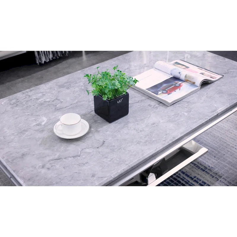 Tavolino Rettangolare da 122 cm con Piano Effetto Marmo e Base in Metallo
