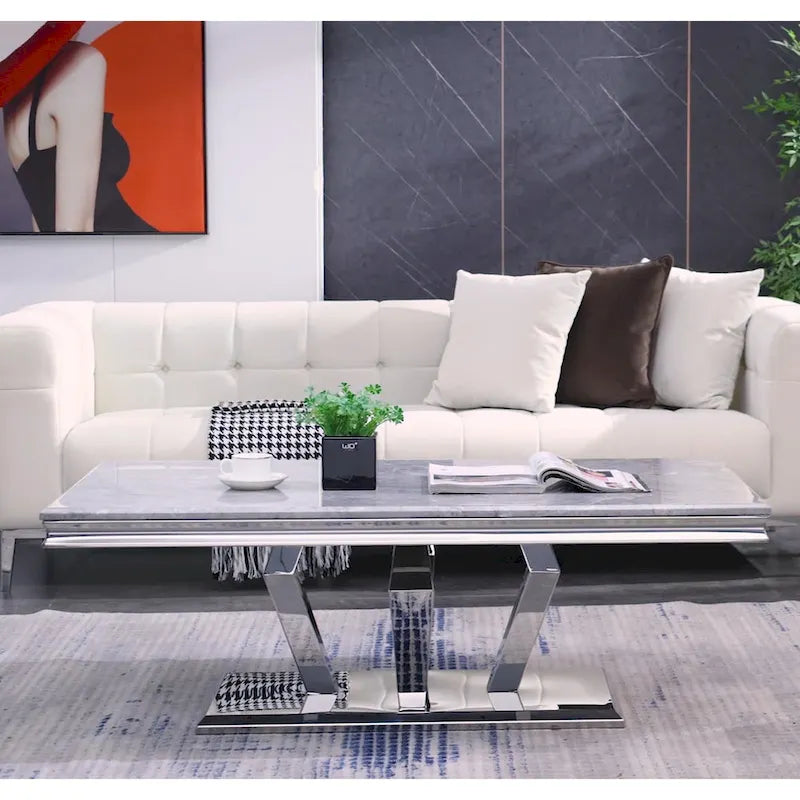 Tavolino Rettangolare da 122 cm con Piano Effetto Marmo e Base in Metallo