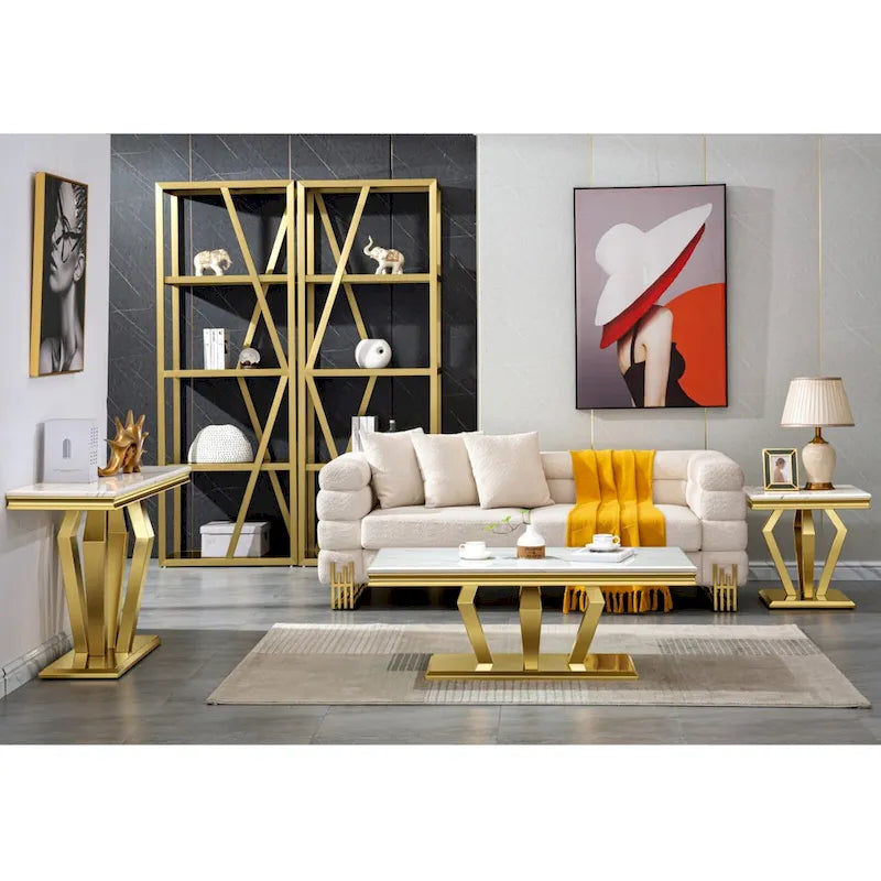 Tavolino Rettangolare da 122 cm con Piano Effetto Marmo e Base in Metallo