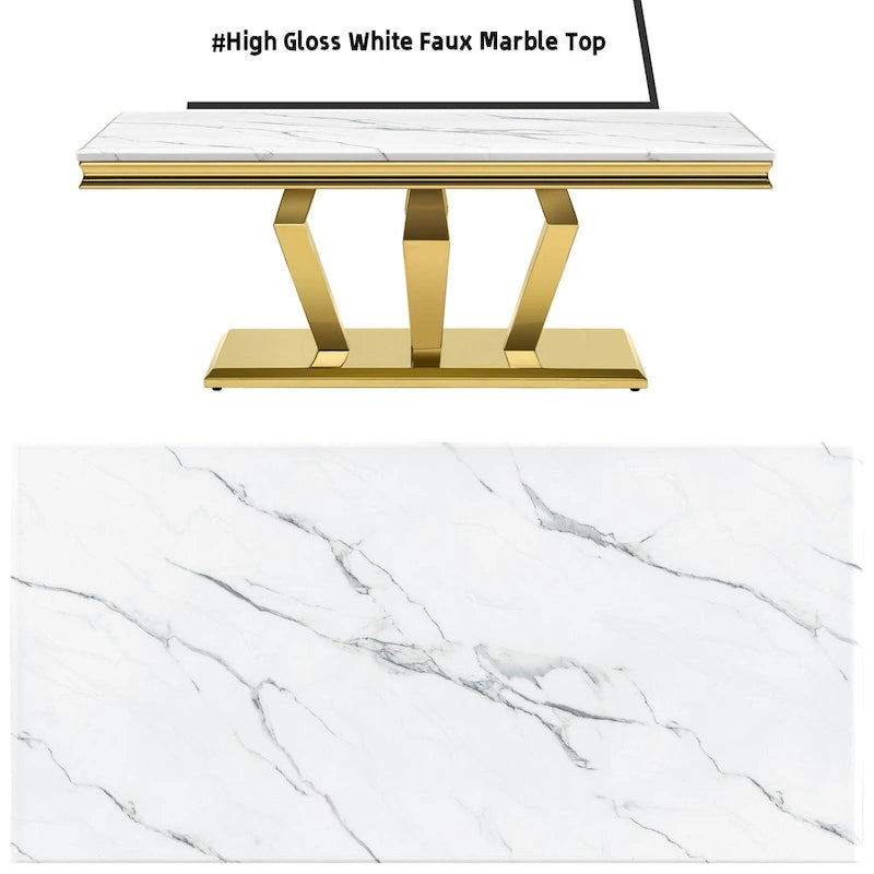 Tavolino Rettangolare da 122 cm con Piano Effetto Marmo e Base in Metallo