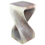 Sgabello a torsione in legno massello intagliato a mano – Finitura a olio grigio, 30 x 30 x 58 cm