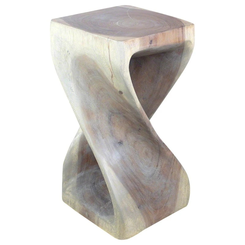 Sgabello a torsione in legno massello intagliato a mano – Finitura a olio grigio, 30 x 30 x 58 cm