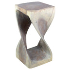 Sgabello a torsione in legno massello intagliato a mano – Finitura a olio grigio, 30 x 30 x 58 cm
