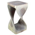Sgabello a torsione in legno massello intagliato a mano – Finitura a olio grigio, 30 x 30 x 58 cm