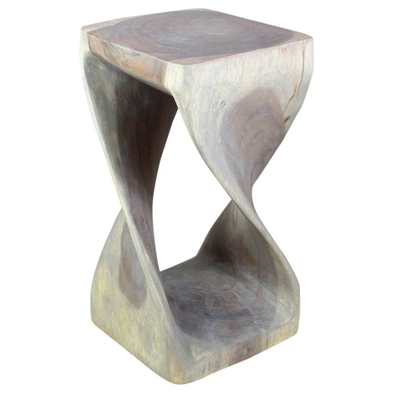 Sgabello a torsione in legno massello intagliato a mano – Finitura a olio grigio, 30 x 30 x 58 cm