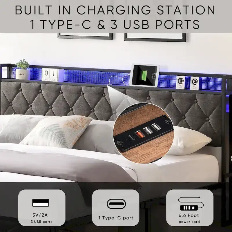 Struttura letto imbottita King Size con testiera a LED e mensola portaoggetti