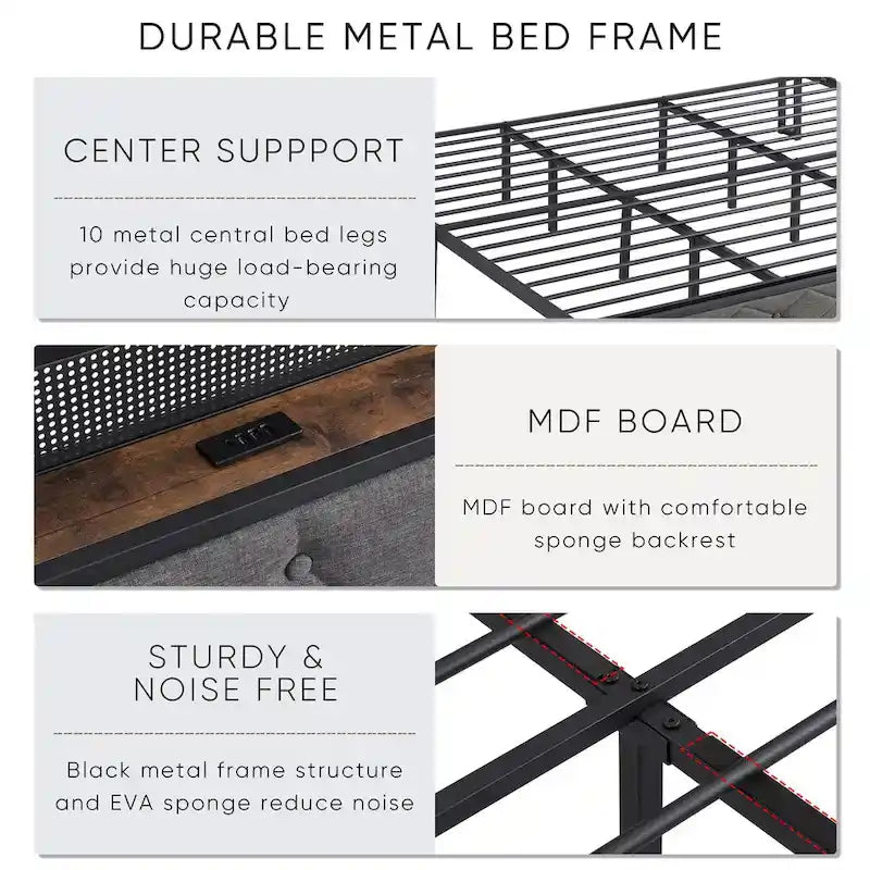 Struttura letto imbottita King Size con testiera a LED e mensola portaoggetti