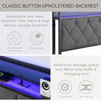 Struttura letto imbottita King Size con testiera a LED e mensola portaoggetti
