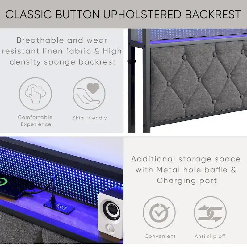 Struttura letto imbottita King Size con testiera a LED e mensola portaoggetti