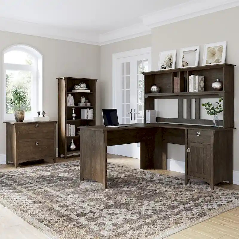 Scrivania angolare a L con credenza, schedario e libreria
