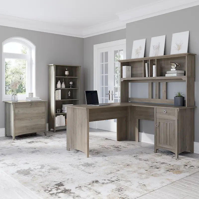Scrivania angolare a L con credenza, schedario e libreria