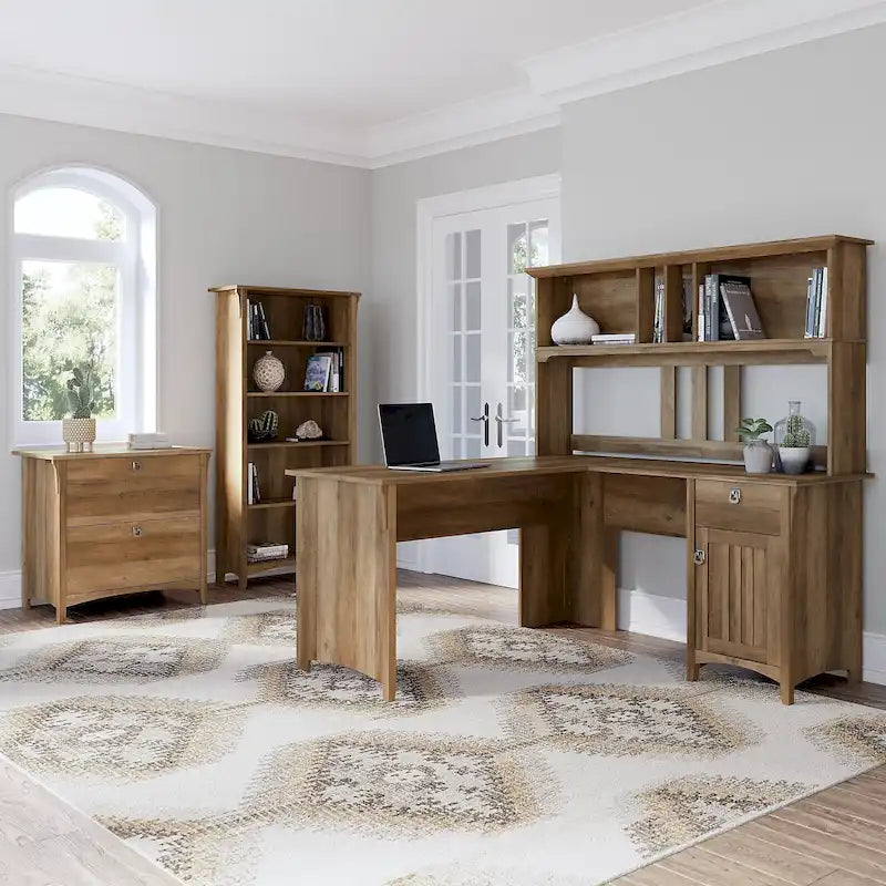 Scrivania angolare a L con credenza, schedario e libreria