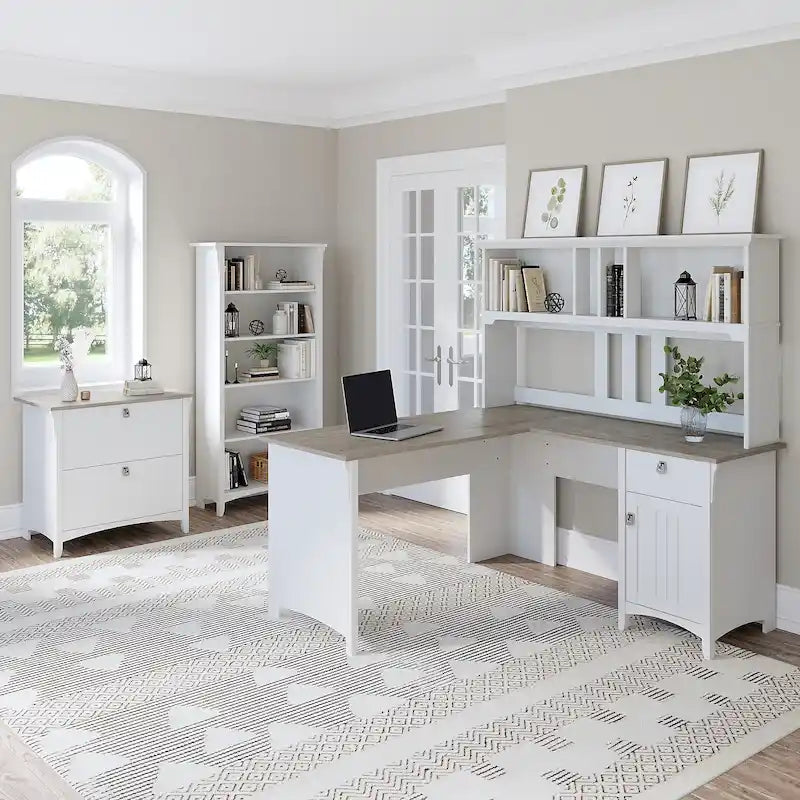 Scrivania angolare a L con credenza, schedario e libreria
