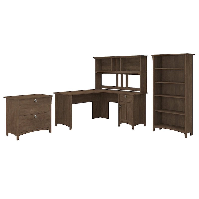 Scrivania angolare a L con credenza, schedario e libreria