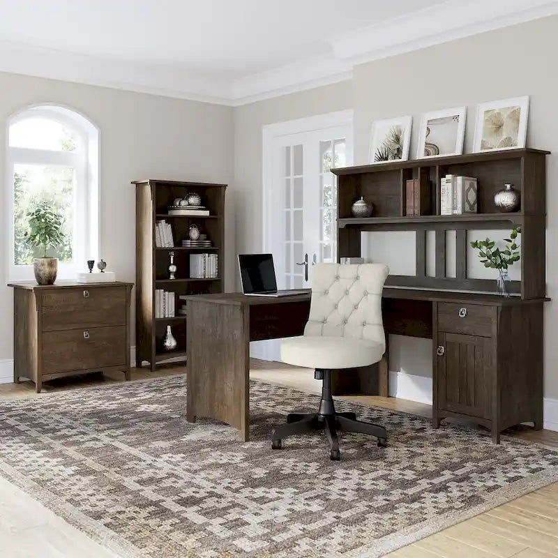 Scrivania angolare a L con credenza, schedario e libreria