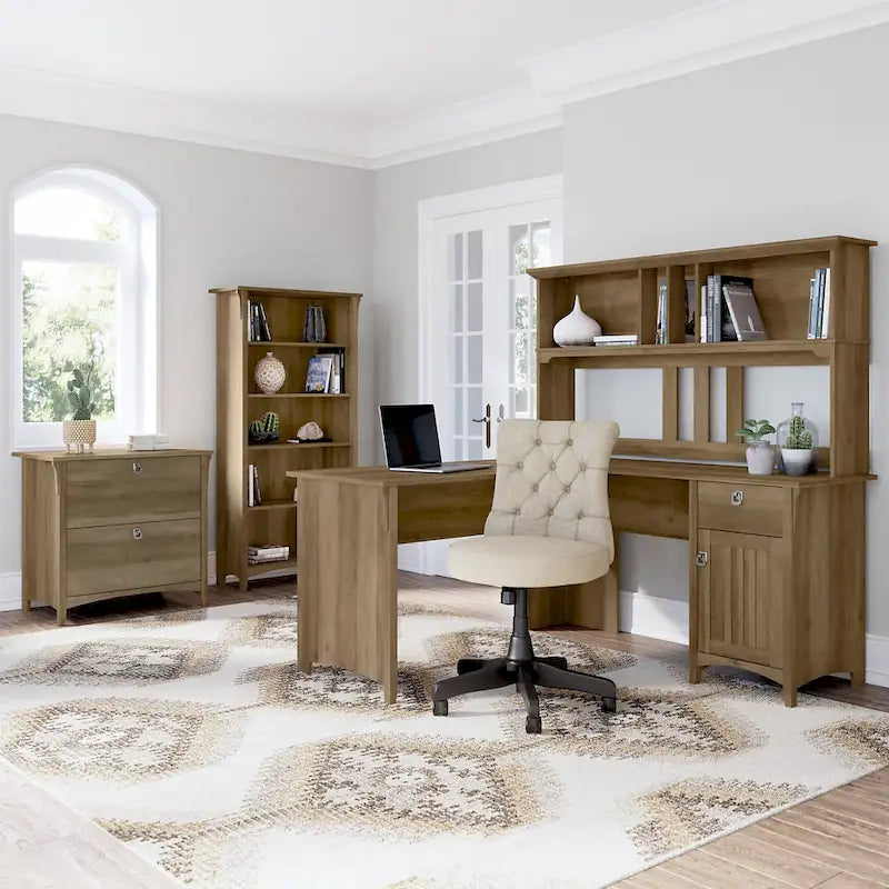 Scrivania angolare a L con credenza, schedario e libreria