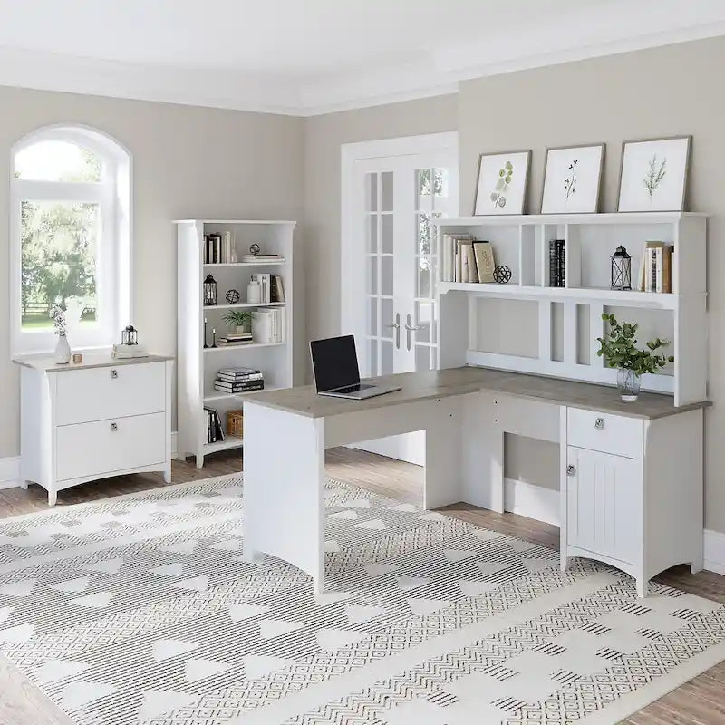 Scrivania angolare a L con credenza, schedario e libreria